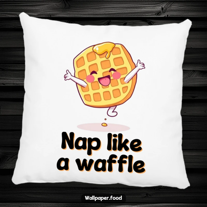 Funny pillow featuring a waffle character with syrup mid-cartwheel, adding a touch of playful comfort and humor.