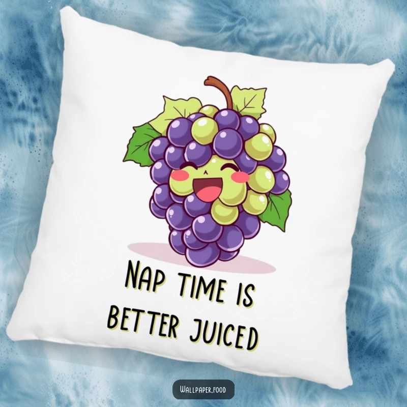 Funny Giggling Grapes Pillow with a plush texture showcasing a bunch of grapes in a state of uncontrollable, joyful laughter.