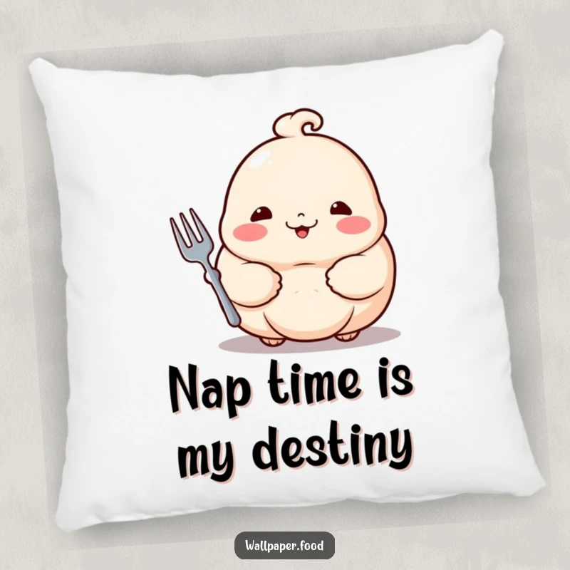 Funny dumpling pillow featuring a proud dumpling with rosy cheeks holding a tiny fork, perfect for adding humor to relaxation.