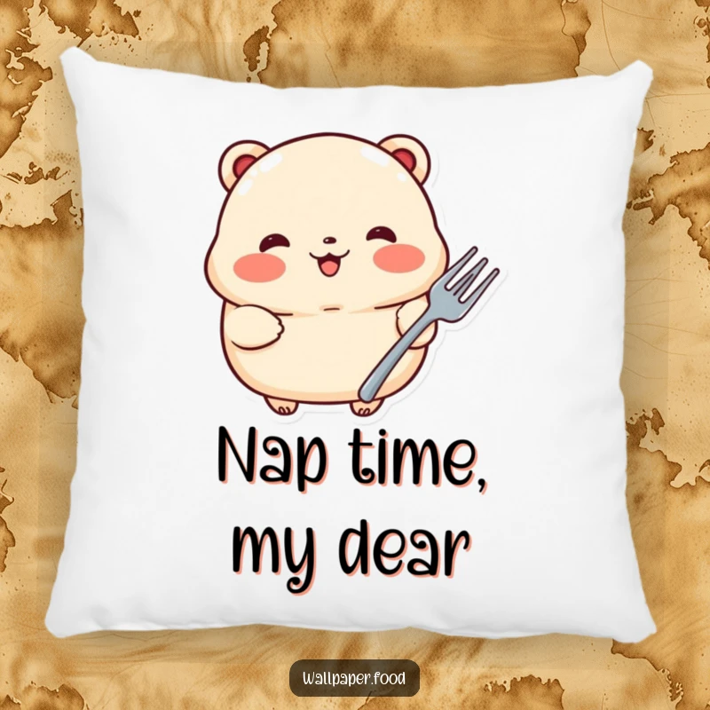 Funny pillow featuring a proud dumpling with rosy cheeks holding a small fork, offering soft comfort and adorable foodie charm.