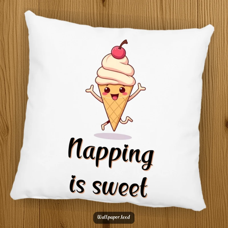 Funny pillow featuring a hopping ice cream cone with a cherry on top bouncing, offering cozy comfort.