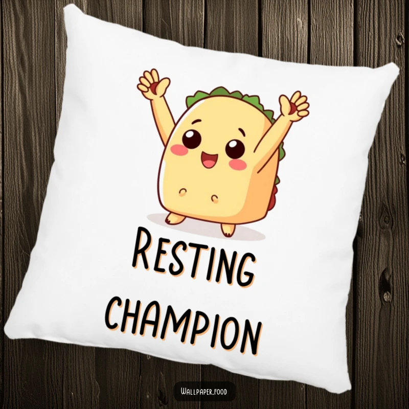 Funny pillow featuring a taco with tiny arms raised in triumph, offering comfort and festive cheer.