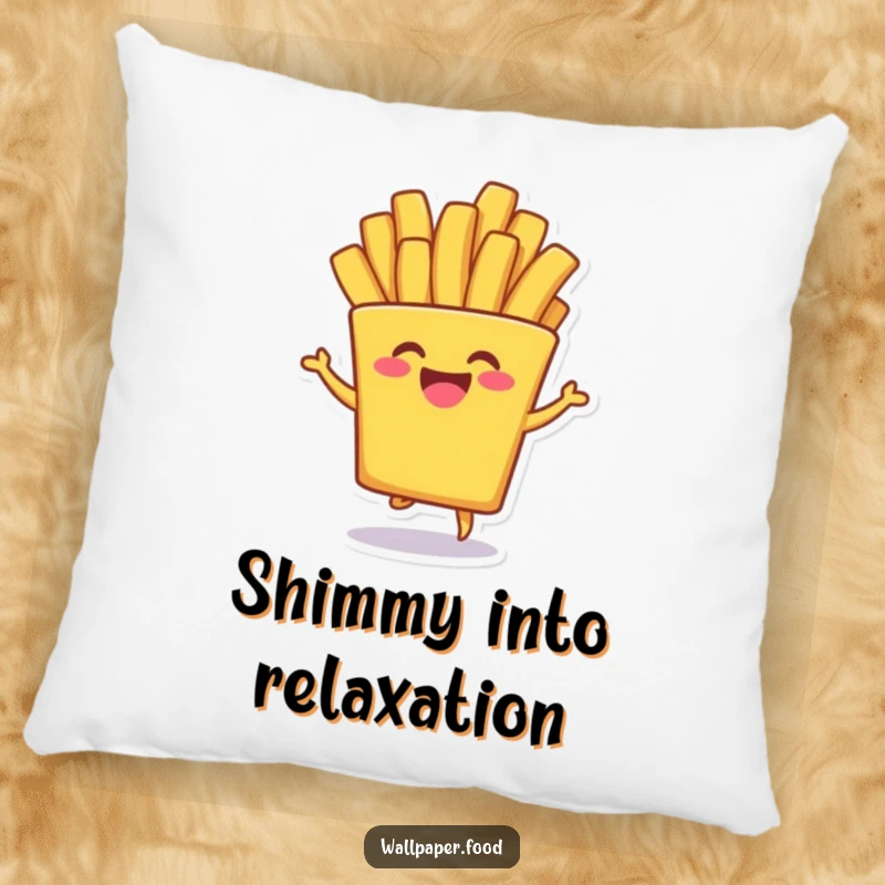 Funny Pillow: A happy french fry character doing a lively shimmy, perfect for adding funny comfort and playful vibes to any room.
