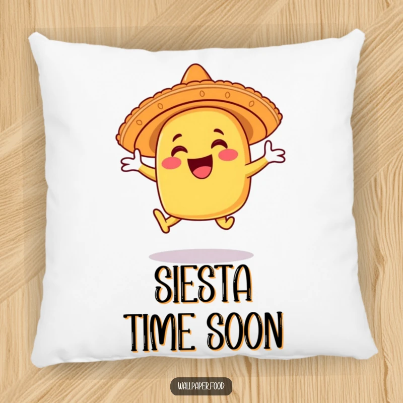 Funny taco pillow character in a festive leap, sombrero adding flair. Soft, humorous, and perfect for lounging.