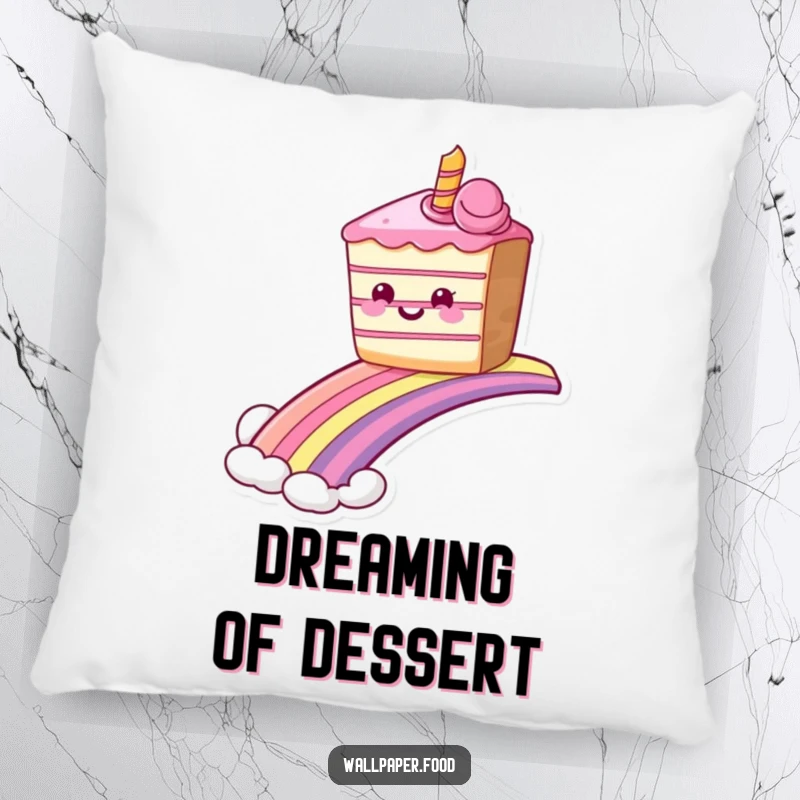 Soft funny grinning cake pillow sliding down a rainbow, providing comfort and sweet, whimsical humor. Ideal funny gift.