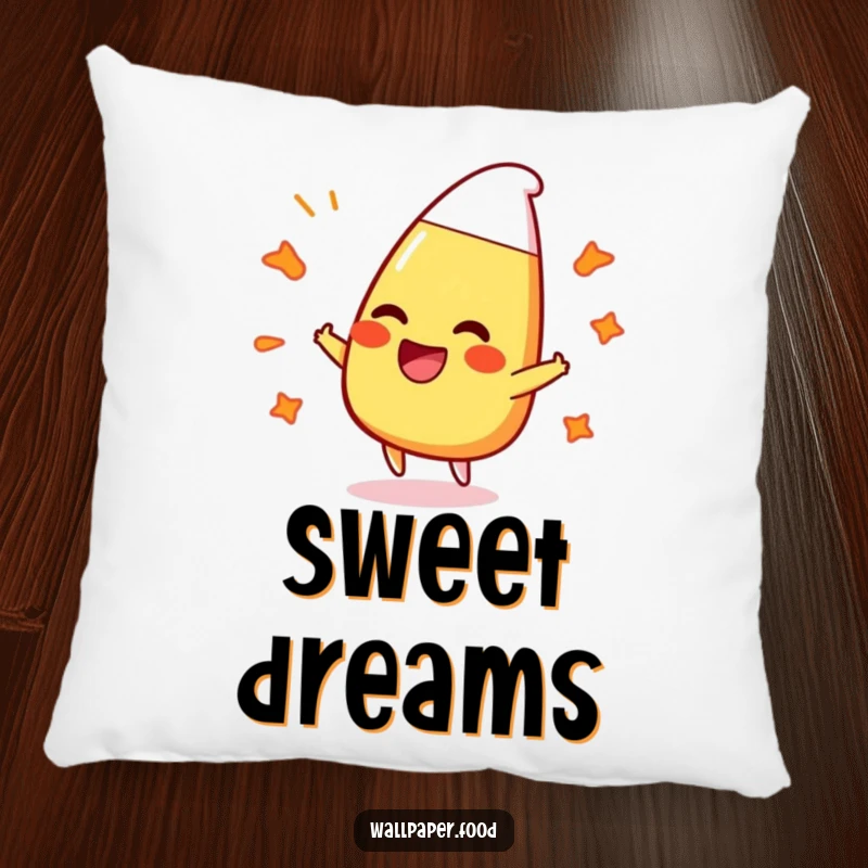 Funny pillow featuring a happy candy corn character laughing, bouncing off colorful, bubbly patterns for ultimate comfort.