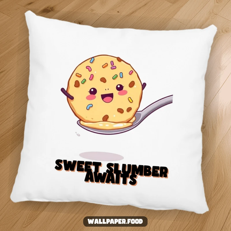 Funny pillow with a cookie with sprinkles enthusiastically jumping from a spoon, offering comfort and a dose of baking fun. A funny gift.