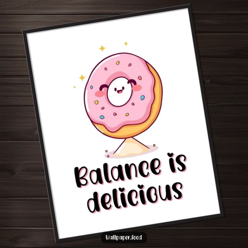 Funny digital art of a happy, sparkling donut character performing an impressive balancing act on a tiny sprinkle.
