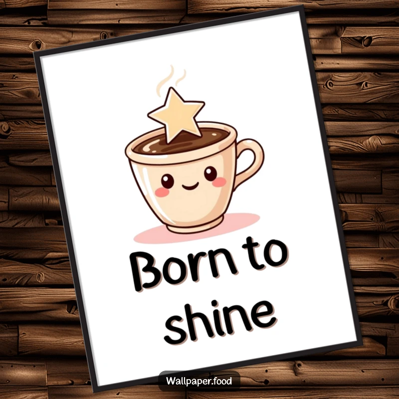Funny digital art print of a coffee cup character with steam artfully shaped into a celestial star.