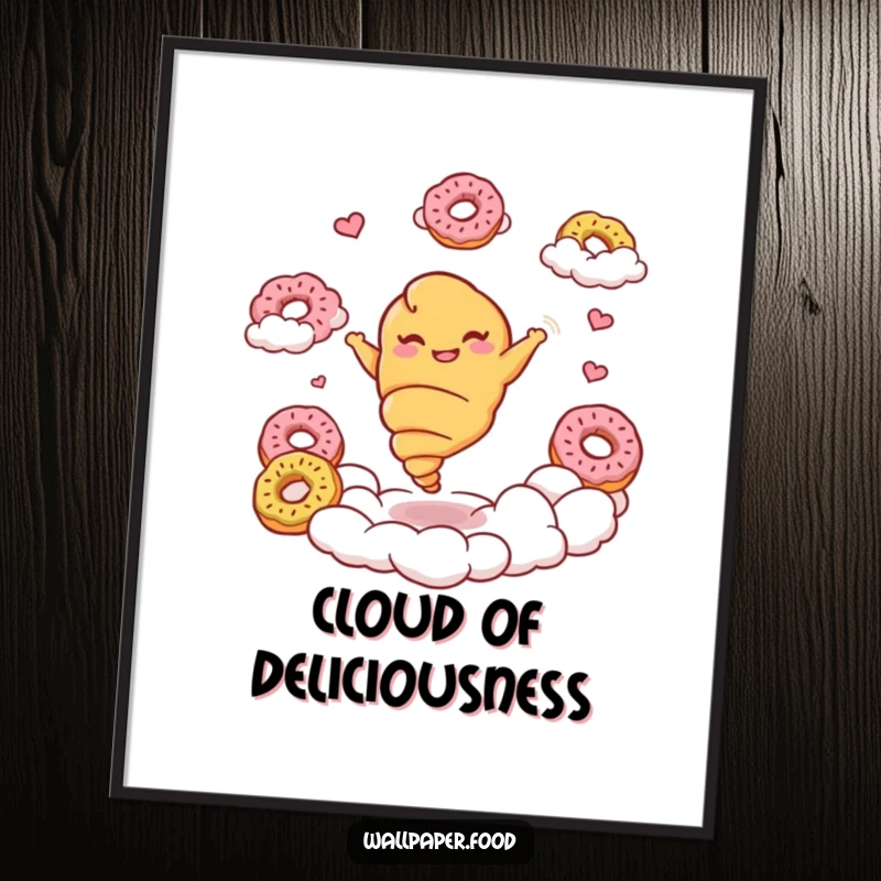 Funny croissant digital art print of a giggling croissant character twirling gracefully among donut clouds, evoking sweet dreams.