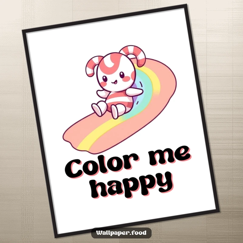 Funny digital art print of a happy candy cane character sliding down a colorful rainbow made of playful sprinkles, pure joy.