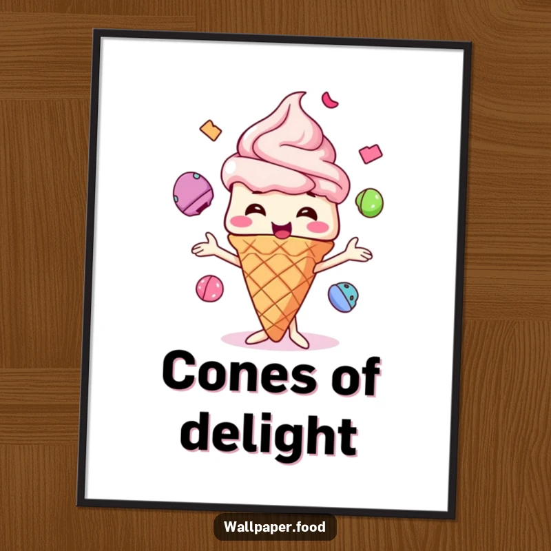 Funny Ice Cream Cone Digital Art Print, a delightful character juggling colorful scoops, bringing instant sweet fun.