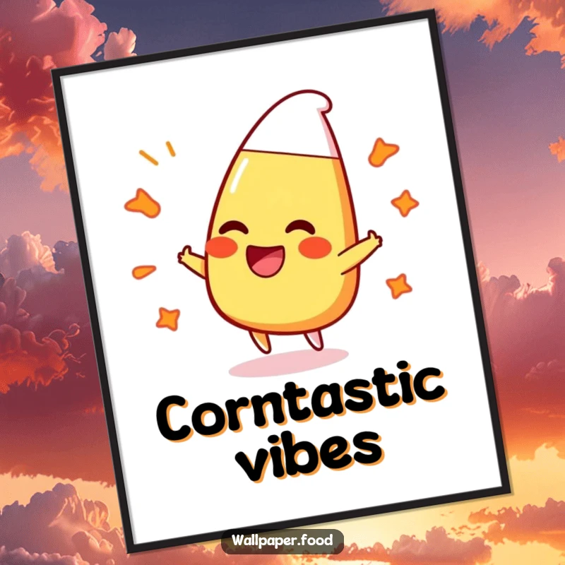 Funny digital art print of a joyful candy corn character laughing while bouncing off colorful, bubbly patterns, pure fun.