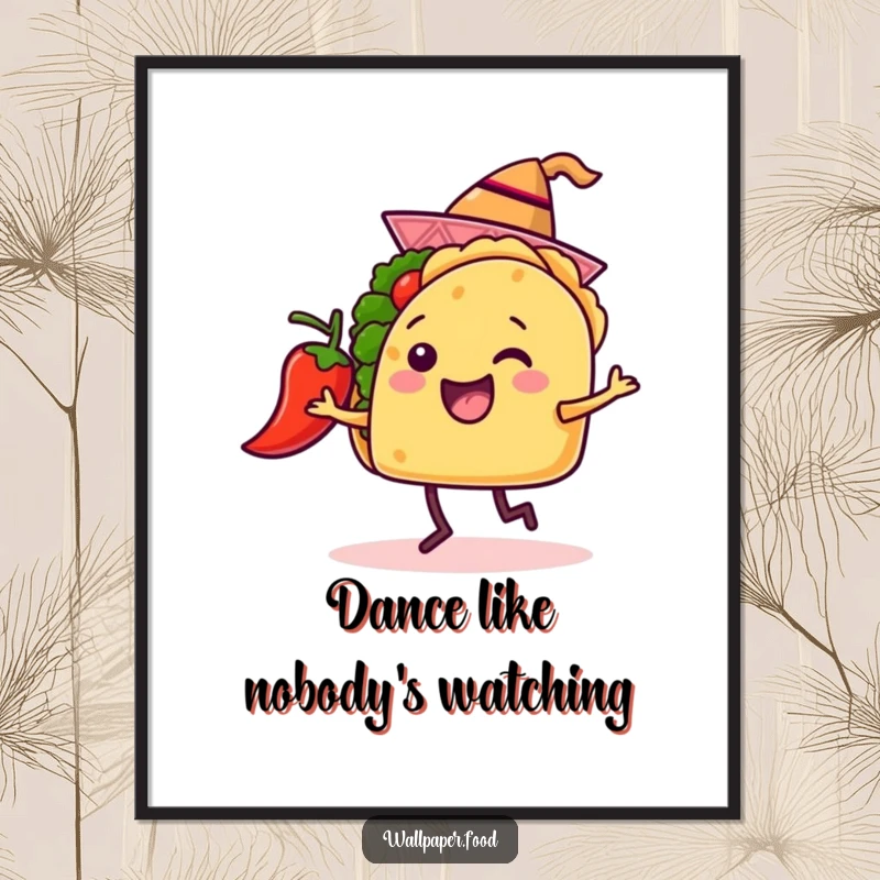 Funny digital art print of a happy taco with a hat dancing joyfully with a chili pepper, creating a festive and amusing visual.