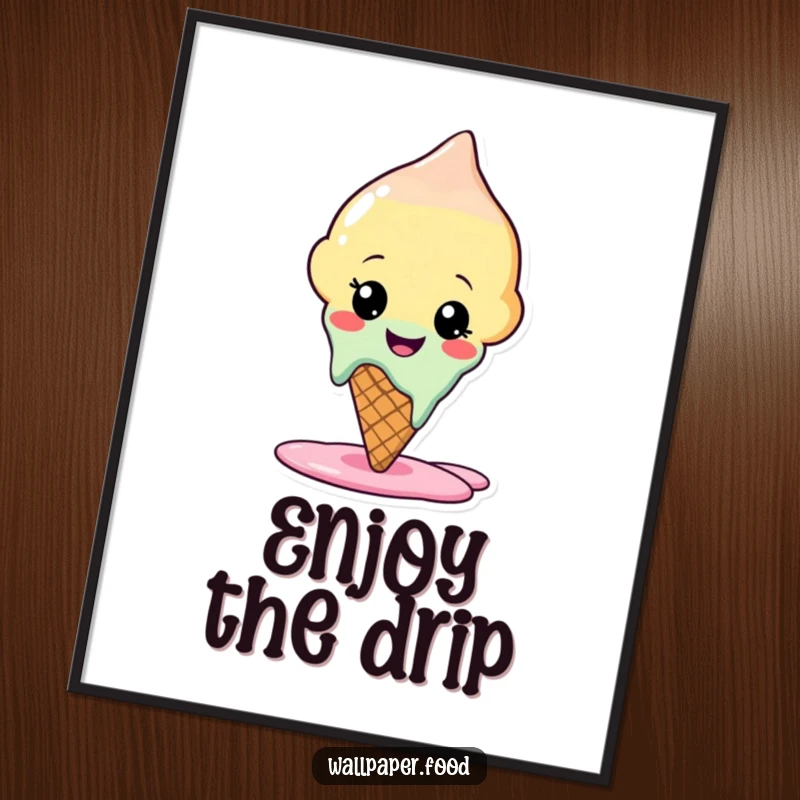 Funny digital art print of a happy ice cream cone character melting slightly, ready to be printed and add instant sweet humor.