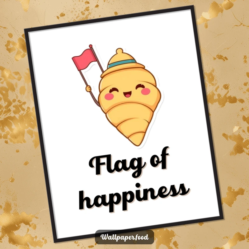Funny digital art print of a cheerful croissant wearing a jaunty hat and waving a tiny flag, bringing instant baking joy and humor. Funny gift.