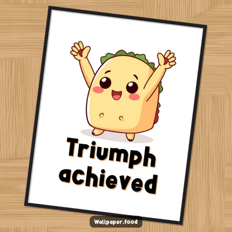 Funny digital art print of a cheering taco with tiny arms raised in triumph, vibrant and celebratory.