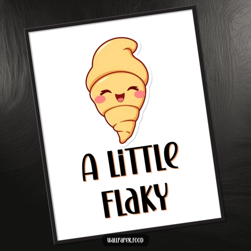 Funny digital art print of a croissant character with a delighted grin, winking extravagantly, adding a humorous touch.