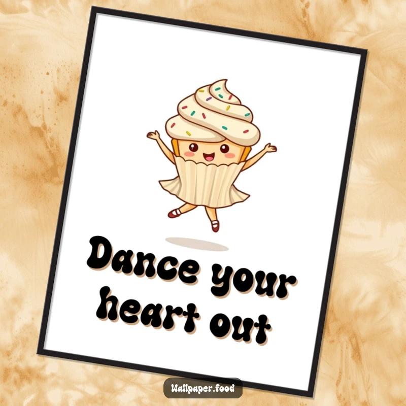 Funny digital art print of a whimsical cupcake with sprinkles performing a ballet twirl, bringing sweet grace and humor.