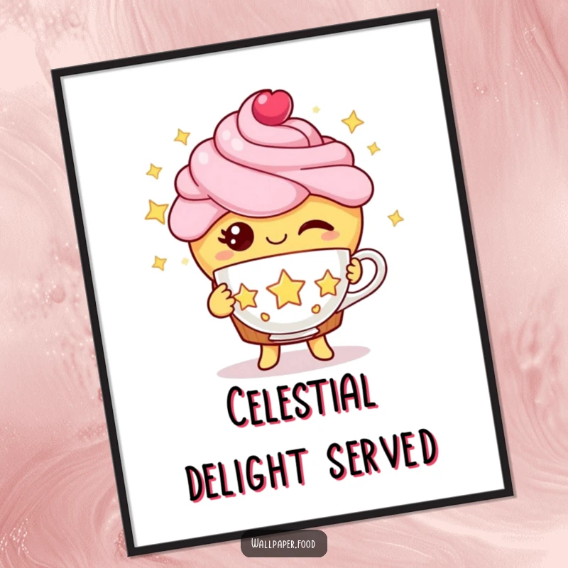 Funny cupcake digital art print of a winking cupcake character offering a teacup made of stars, evoking celestial wonder.