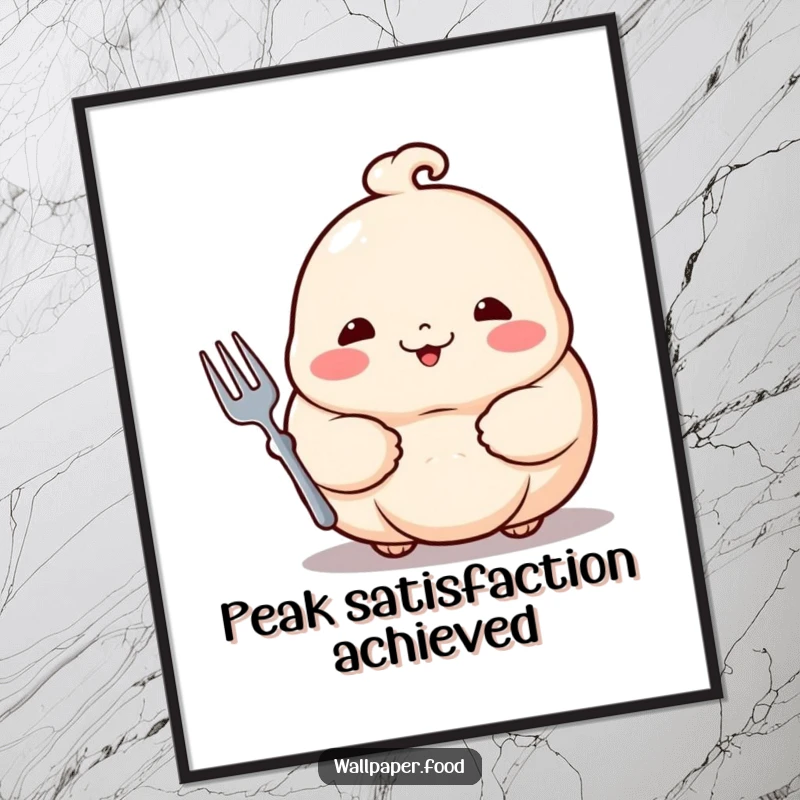 Funny dumpling digital art print of a proud dumpling with rosy cheeks holding a tiny fork, for instant wall decor.