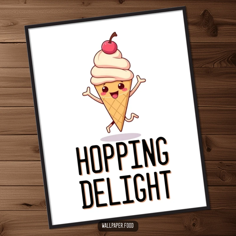 Funny digital art print of a hopping ice cream cone with a cherry on top bouncing, vibrant and sweet.