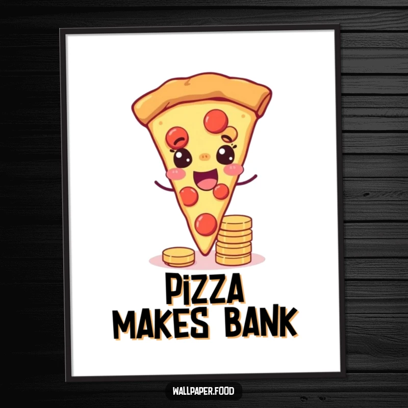 Funny digital art print of a joyful pizza slice winking while balancing coins, ideal for instant download and lucky decor.