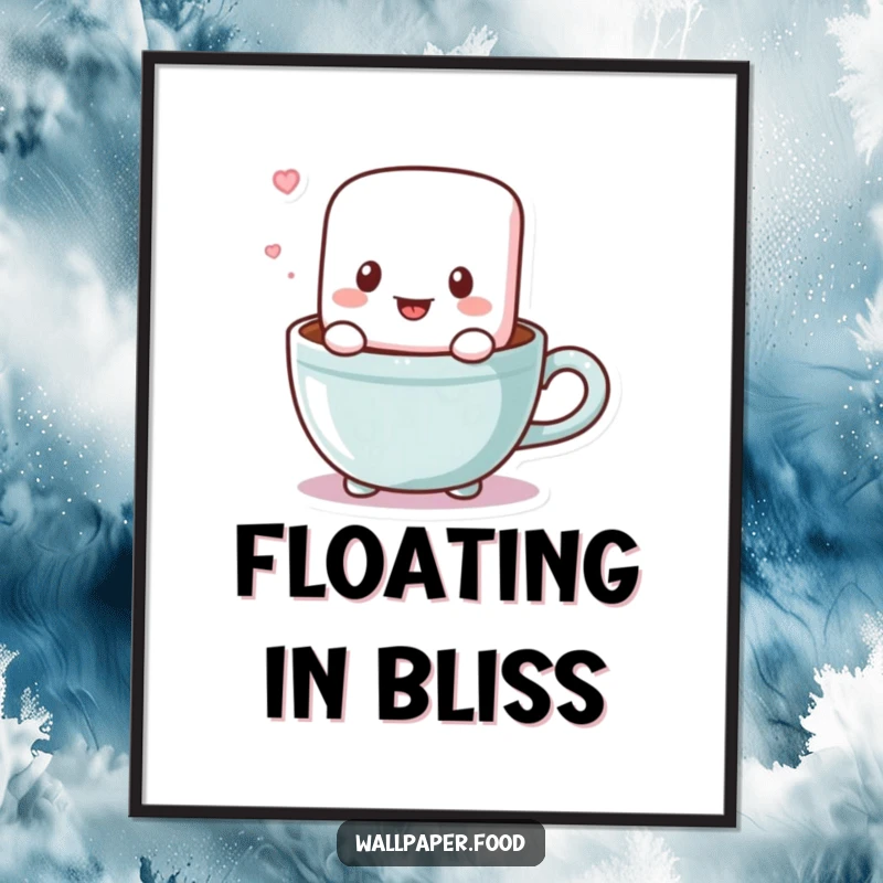 Funny digital art print of a marshmallow character bouncing in a cocoa cup, ready to be printed and add instant warmth and humor.