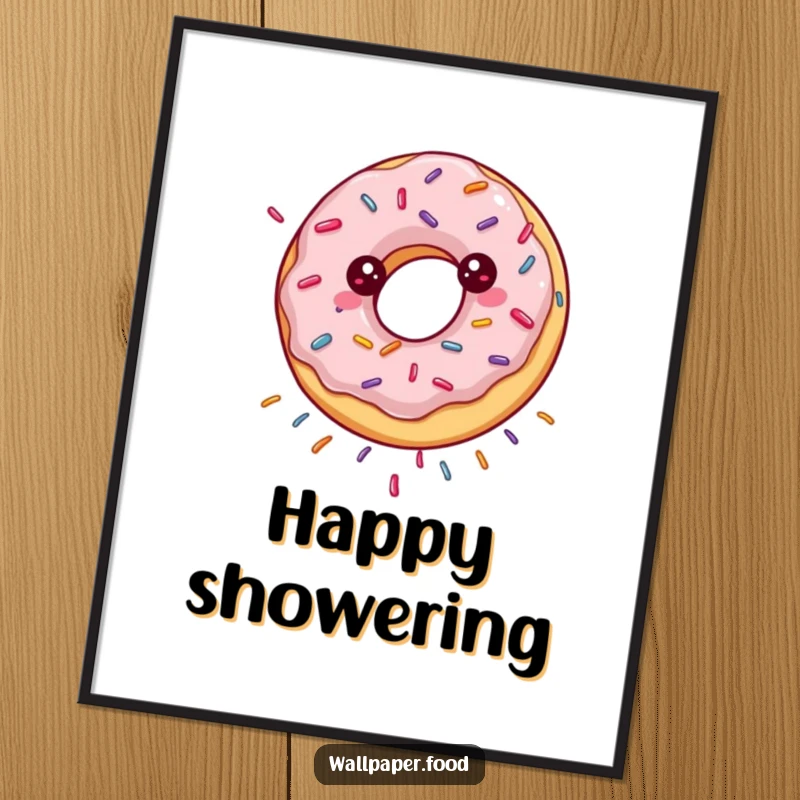 Funny digital art print of a happily spinning donut showering sprinkles, vibrant and sweet.