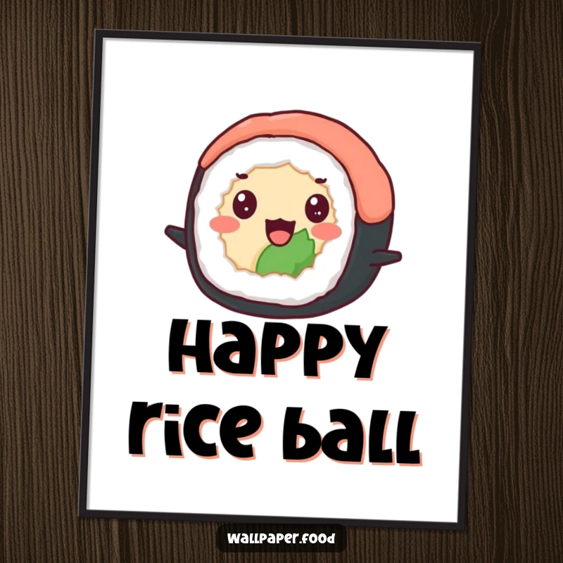 Funny digital art print of a delighted sushi roll with beady eyes happily bouncing, bringing instant Japanese food joy and humor. Funny gift.