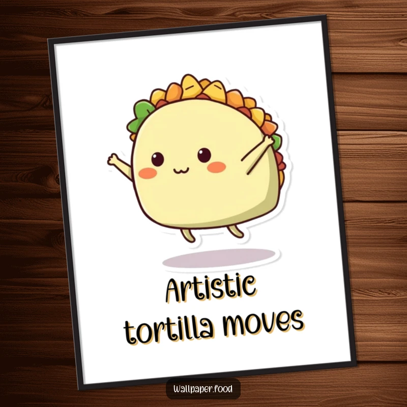 Funny digital art print of a cheerful taco character in a dynamic mid-air split, offering a splash of animated humor.
