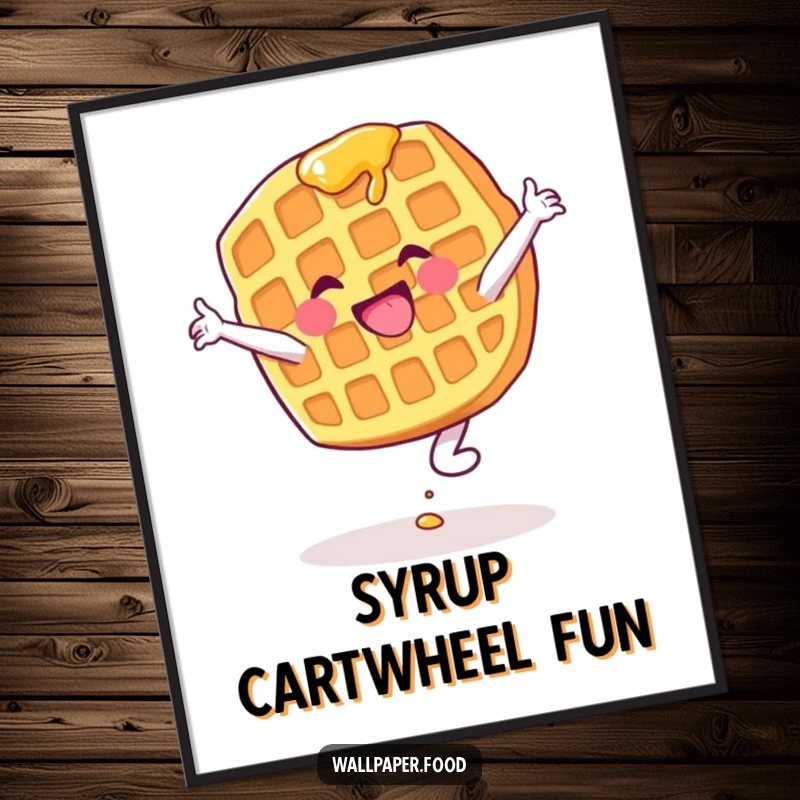 Funny digital art print of a waffle character with dripping syrup gleefully attempting a cartwheel, perfect for kitchen decor.