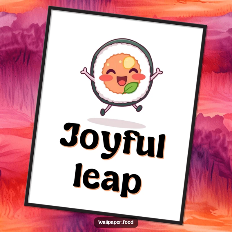 Funny digital art print of a sushi roll with legs joyfully leaping, vibrant and full of cartoon energy.