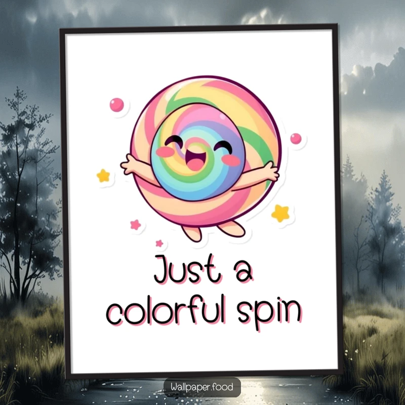 Funny candy character digital art print, depicting a joyful spin with a dazzling array of vibrant, energetic colors.