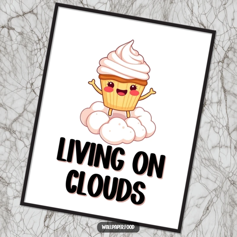 Funny digital art print of a smiling cupcake character bouncing on a fluffy cloud of whipped cream, full of joy.