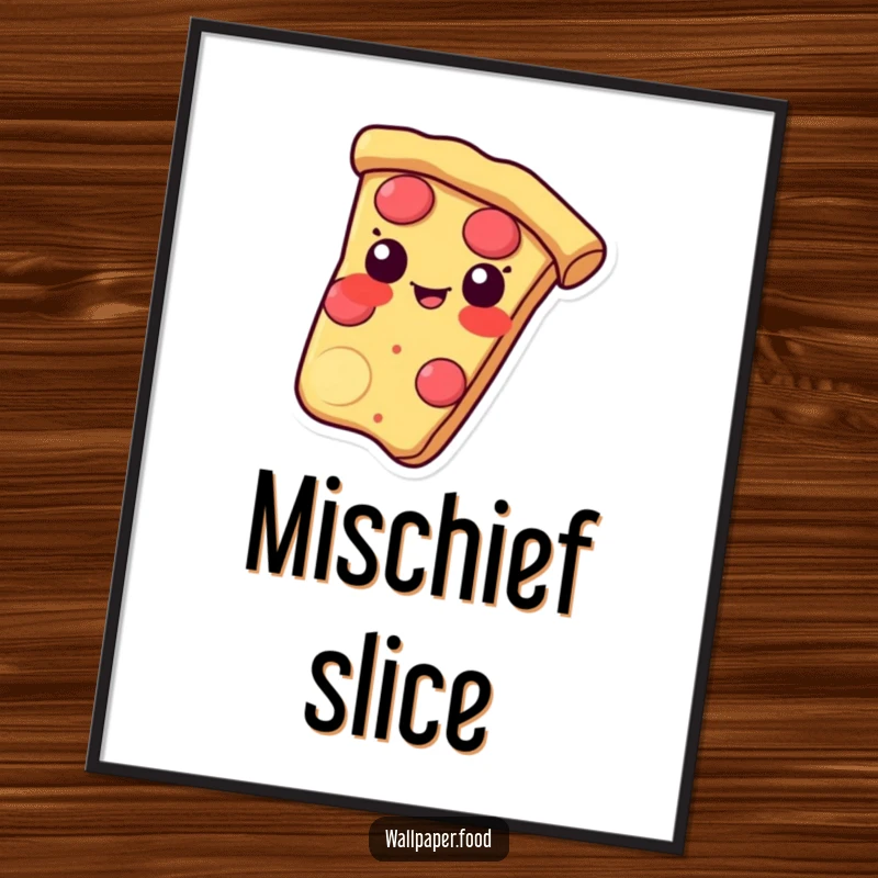 Funny digital art print of a pizza slice sliding with a mischievous grin on its crust, vibrant and playful.
