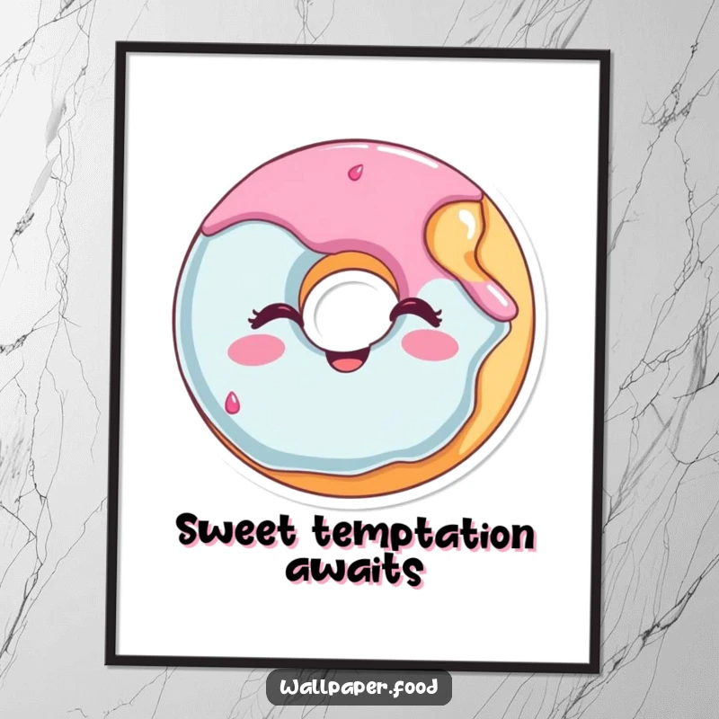 Funny winking donut digital art print downloadable, featuring a happy character missing a bite, for instant humorous decor.