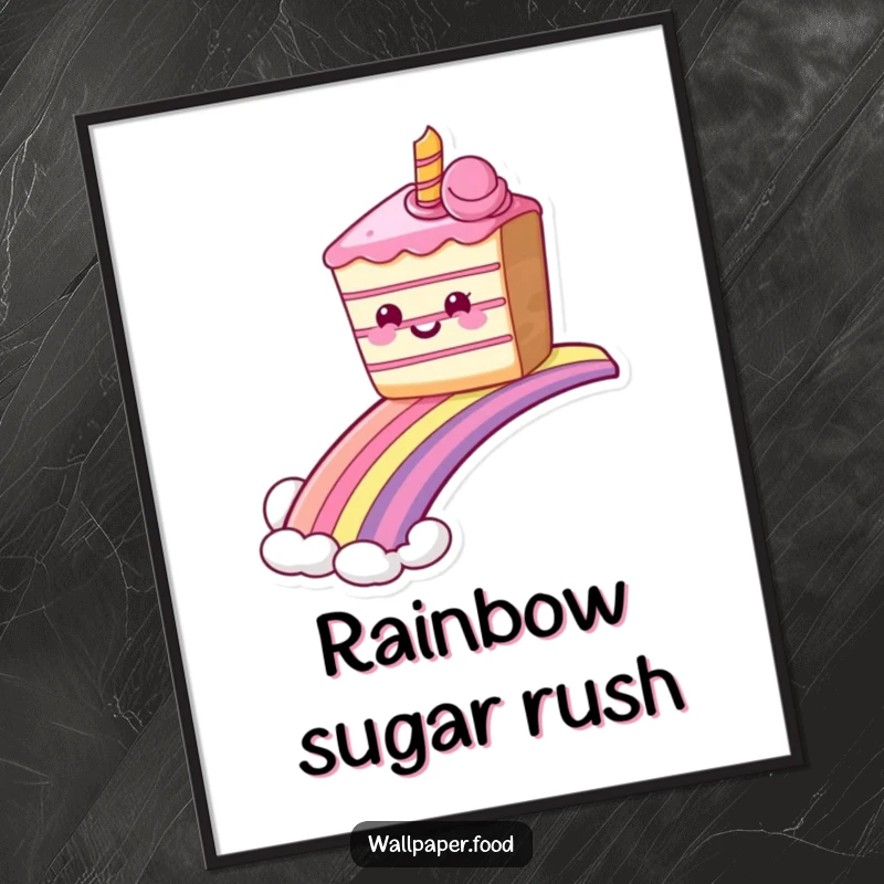 Funny grinning cake digital art print sliding down a rainbow, bringing instant sweet joy and magic. Perfect funny gift.
