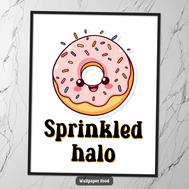 Funny digital art of a cheerful donut character with a halo made of colorful sprinkles, looking angelic.