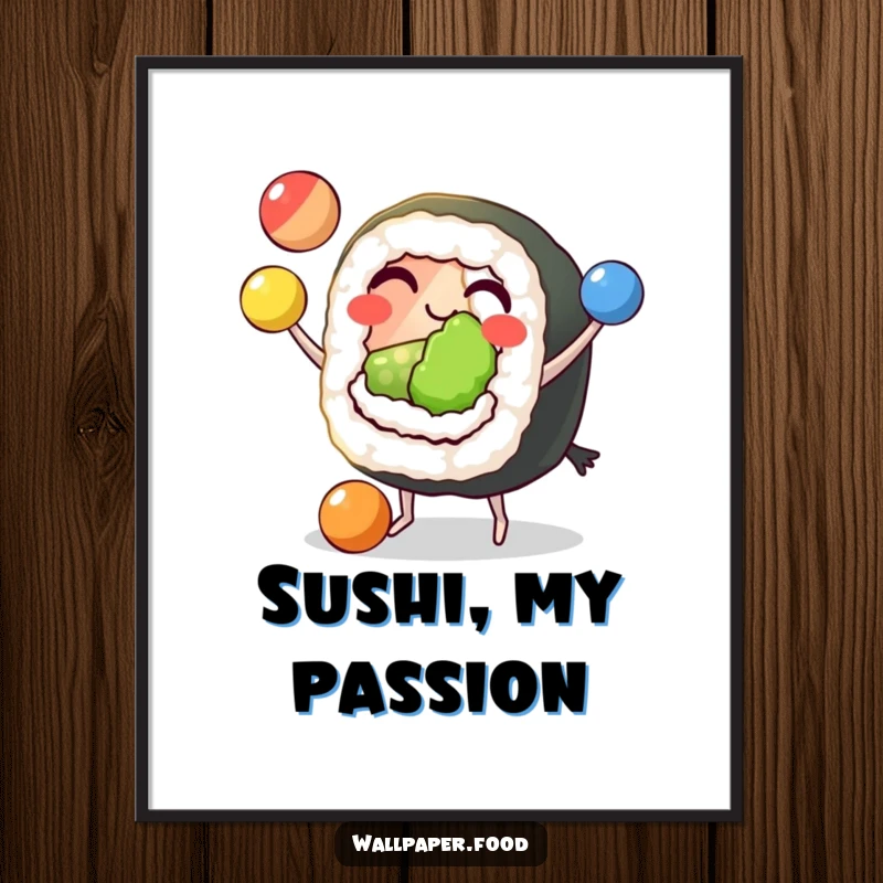 Funny Sushi Juggling Digital Art Print of a grinning sushi roll character with tiny feet, skillfully juggling three colorful balls, ready for display.