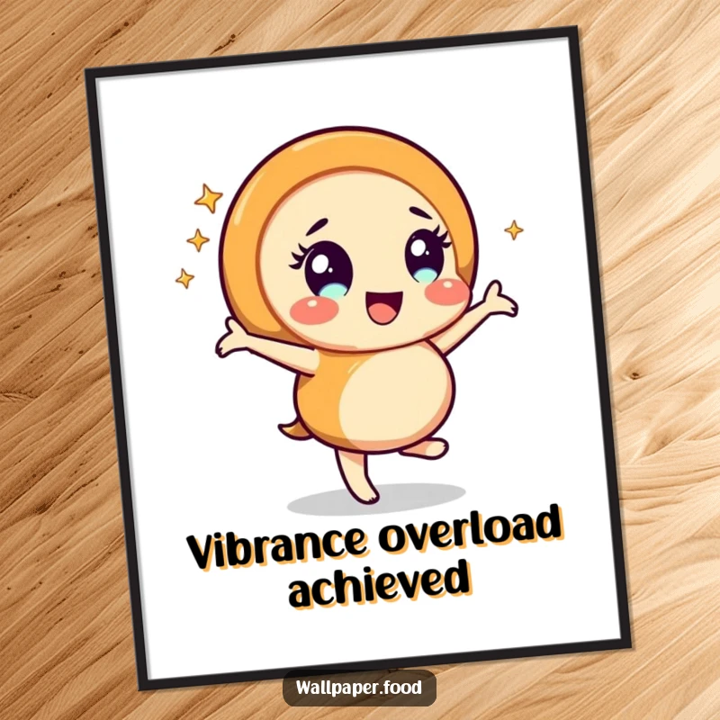 Funny caramel swirl character captured mid-dance with a dazzling sparkle effect, available as a high-quality digital art print for instant humorous decor.