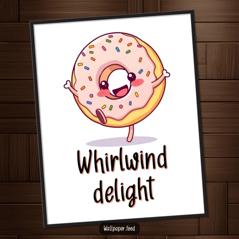 Funny donut digital art print character with sprinkles doing a delightful cartwheel, embodying pure joy and sweet delight.