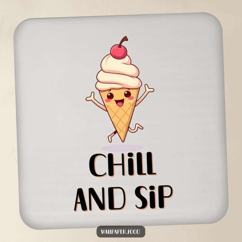 Funny coaster featuring a hopping ice cream cone with a cherry on top bouncing, adding sweet charm.