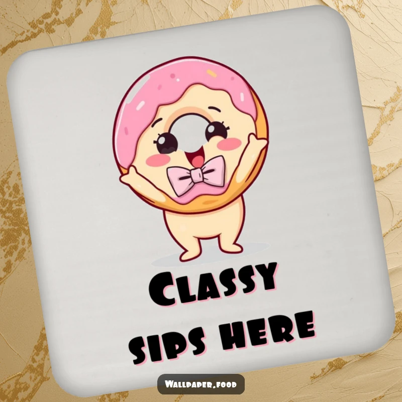 Funny coasters featuring a delighted donut with a bow tie striking a dramatic pose, protecting surfaces with sweet elegance.