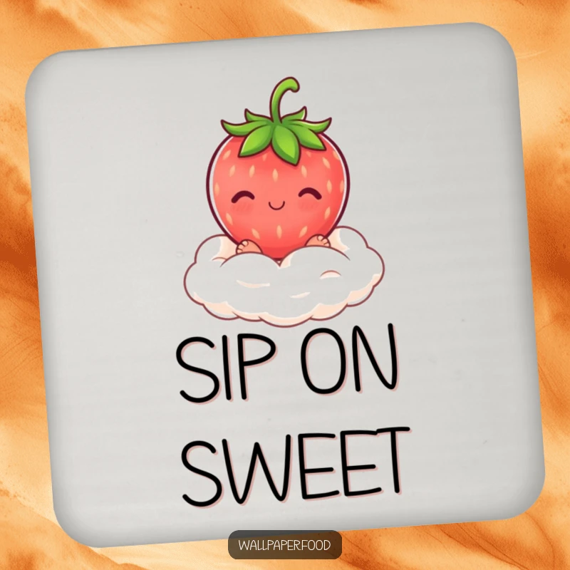 Funny blushing strawberry character on a cream cloud, featured on a drink coaster, adding sweet charm.