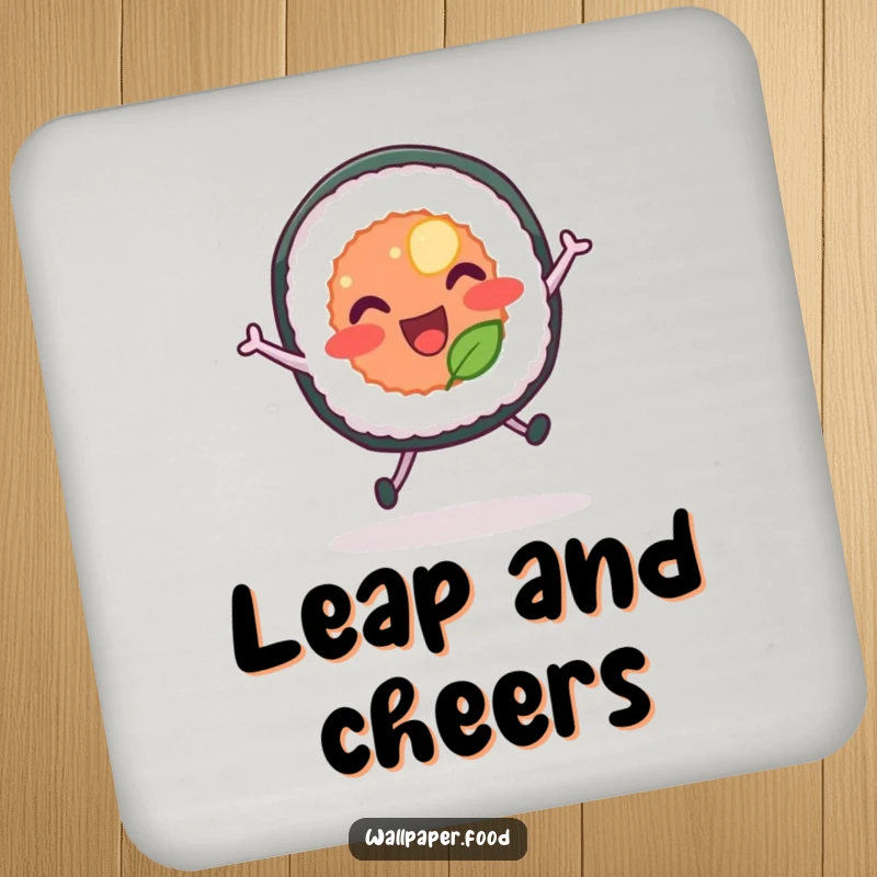 Funny coaster featuring a sushi roll with legs joyfully leaping, adding a splash of animated fun to any table.