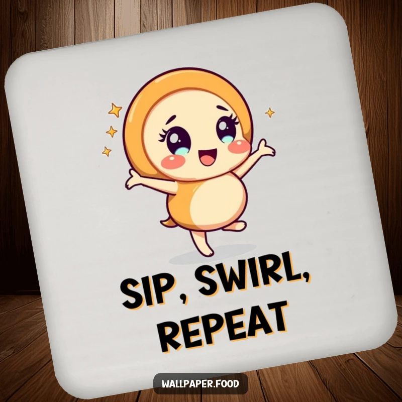 Funny caramel swirl character dancing gleefully with tiny sparkles, featured on a functional drink coaster for a humorous and protective addition.