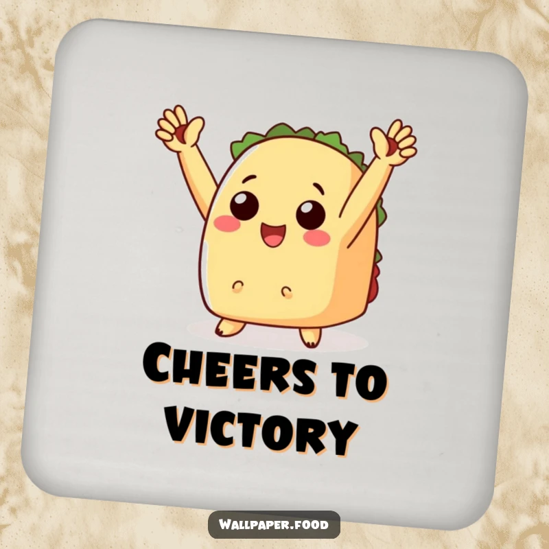 Funny coaster featuring a cheering taco with tiny arms raised in triumph, adding festive flair to tables.