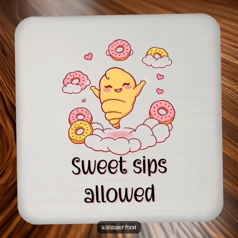 Funny croissant coaster featuring a giggling croissant character twirling joyfully amongstdonut clouds, protecting your furniture.