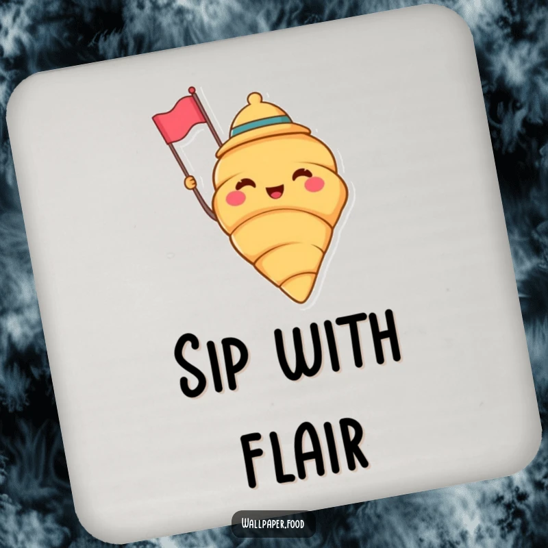 Funny coaster with a cheerful croissant wearing a jaunty hat and waving a tiny flag, adding festive flair and protecting surfaces. A funny gift.